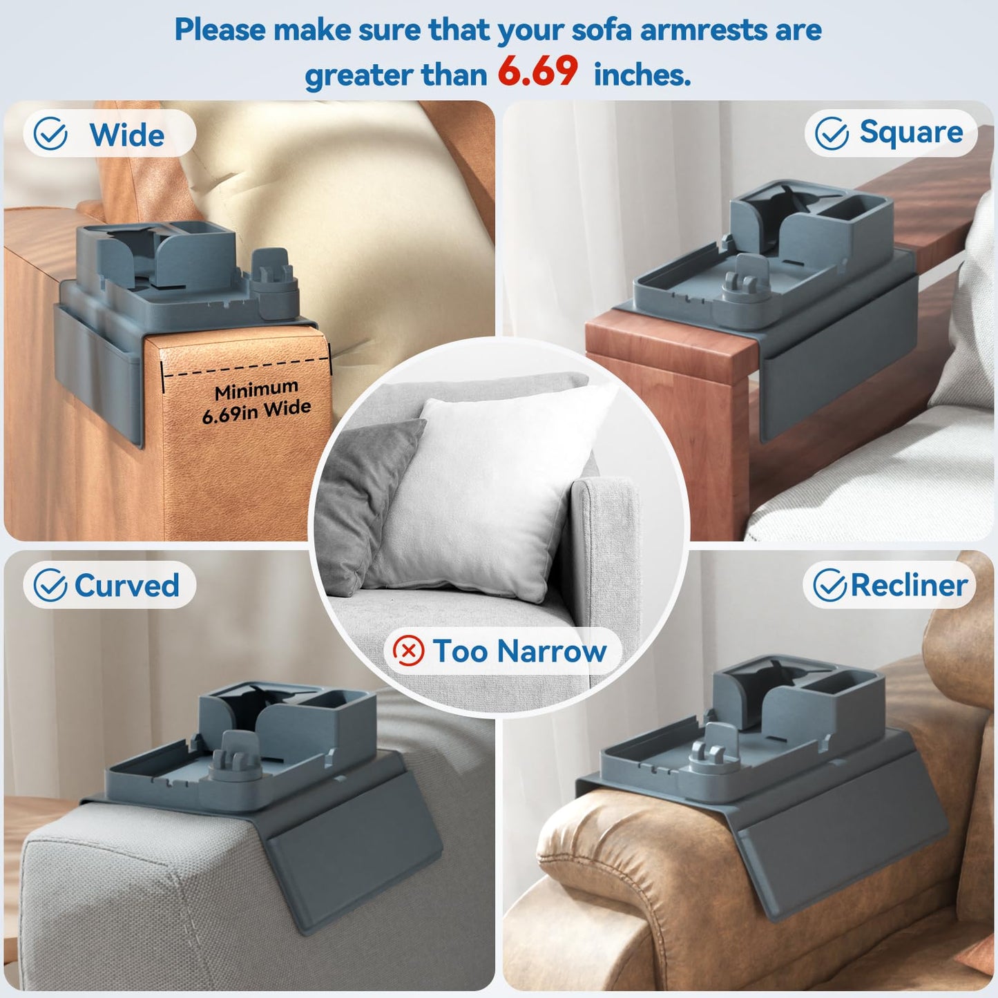 Couch Cup Holder - Anti-Slip Sofa Armrest Tray with Dual Side Pockets - Silicone Anti-Spill Sofa Drink Holder Arm with Phone Holder