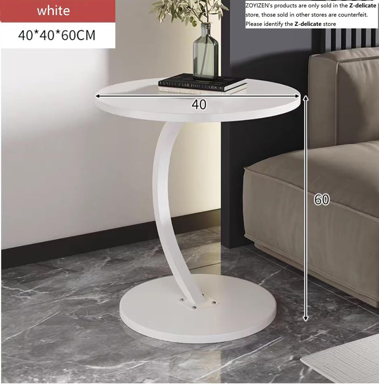 ZOYIZEN Side Table Wooden White, End Table C-shaped, 40 * 60 CM （Ø*H）