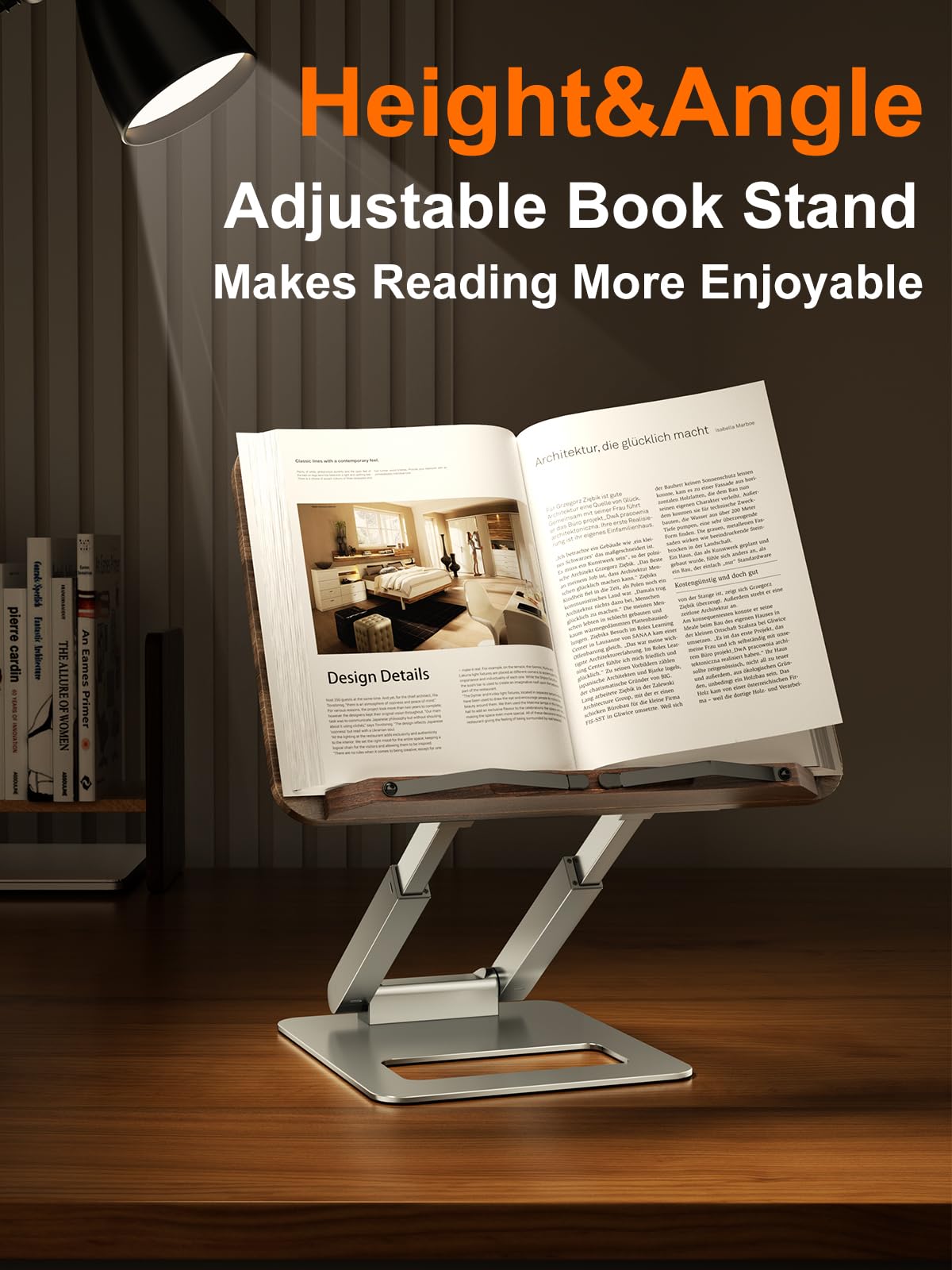 tounee Book Stand, Adjustable Metal Wood, Silver for Recipe, Music Scores, Tablet, Laptop