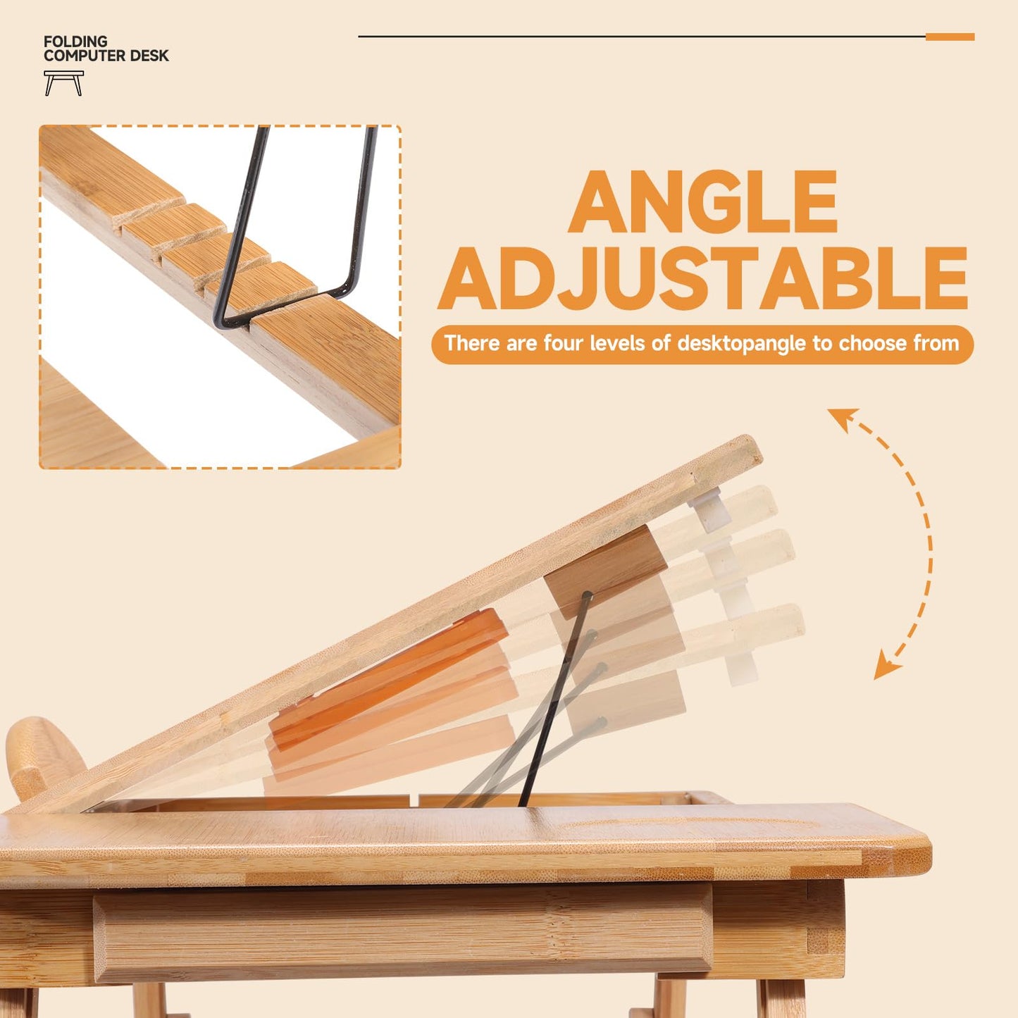Adjustable Bamboo Laptop Desk with Cooling Fan, Foldable Bed Tray for Breakfast, Writing, and Drawing, with Tilting Top and Drawer