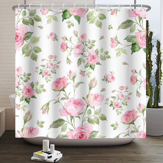 Kzzfqxb 105x160cm Floral Shower Curtains with Plastic Hooks, Bunches of Flowers Blooming Pink Roses with Green Leaves Waterproof Polyester Fabric for