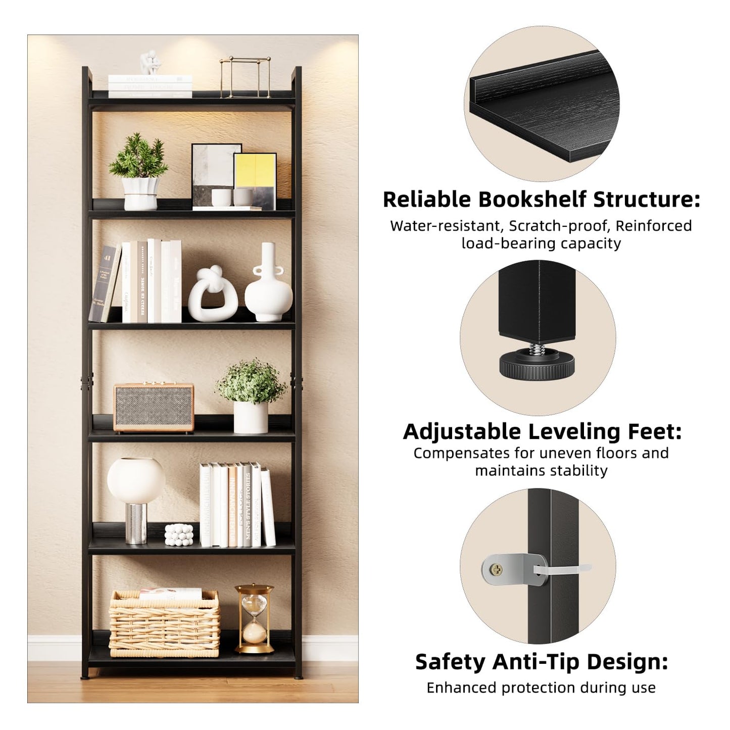 APPOLYN 6 Tier Bookshelf, Open-shelf Bookcase with Backboard, Black