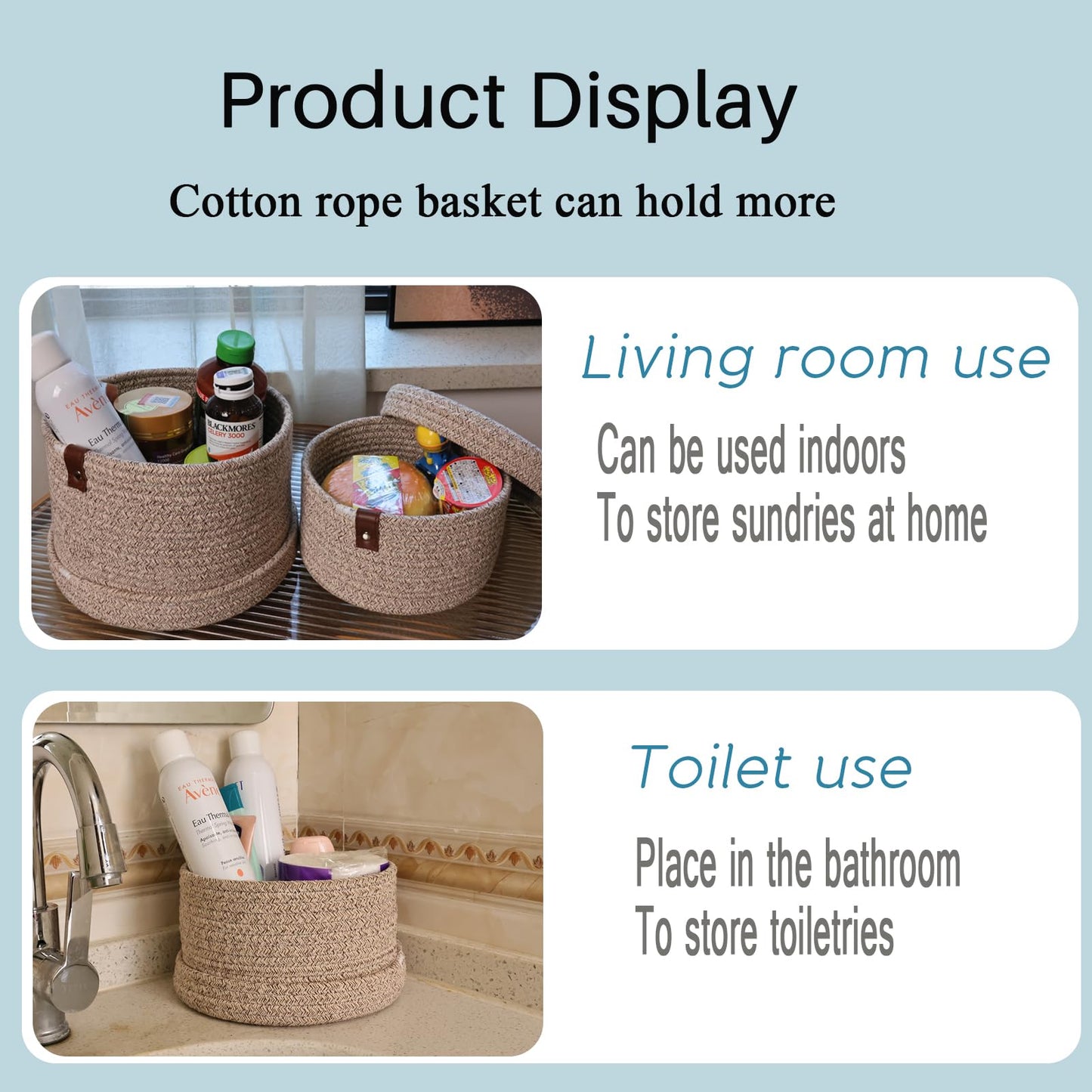Yearonan Set of 2 Round storage baskets with lids,With Leather Handles for Closet Storage,Toy,Living roon,Towel Basket,Bathroom storage,Stackable