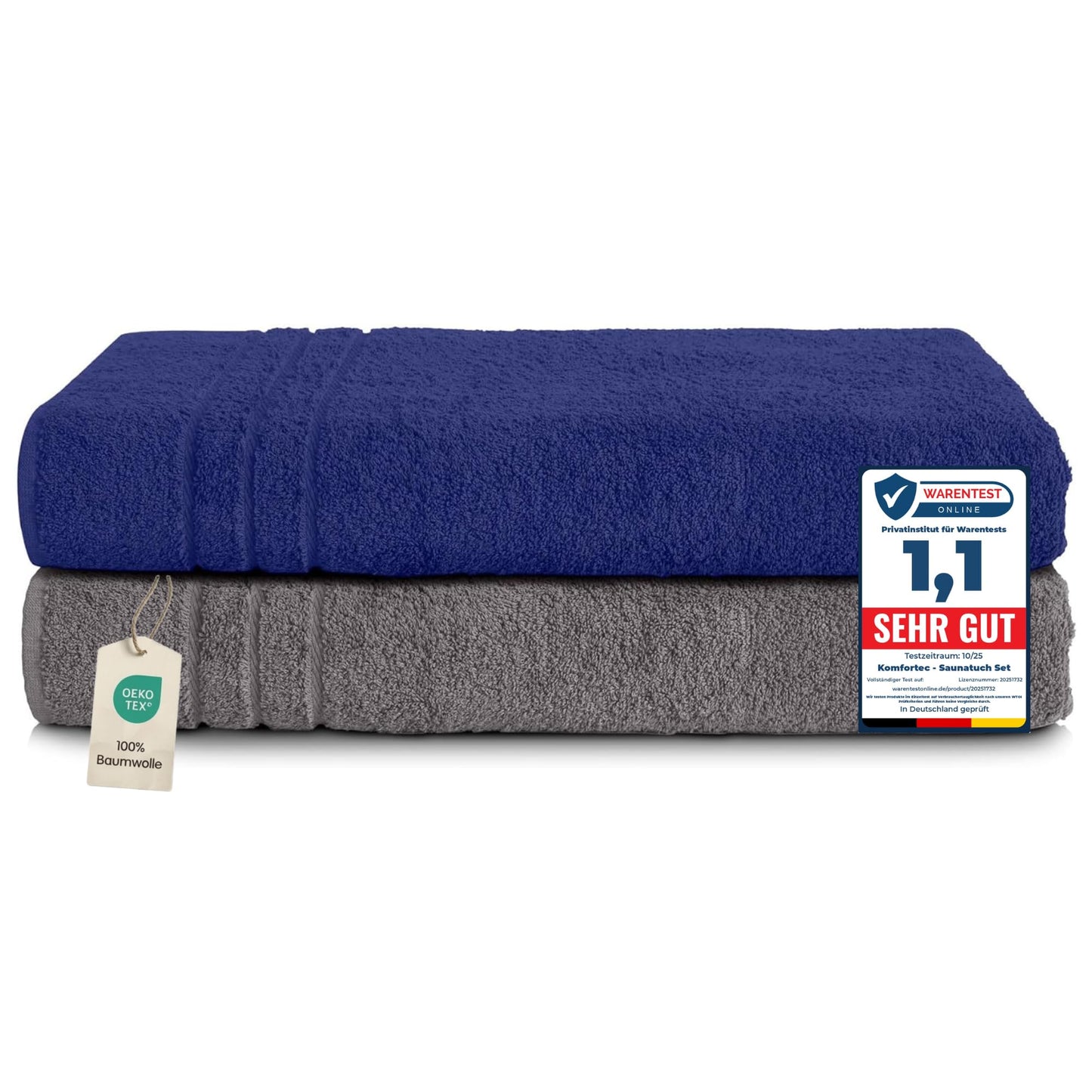 Komfortec Jumbo Bath Towels, 100% Cotton, Quick Dry, 80x200, Grey & Royal Blue