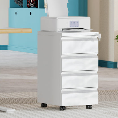 HOMSTEEL 4 Drawers File Cabinet, Metal Filing Cabinet with Lock, Mobile File Cabinet, Fully Assembled Except Casters, for Office, Home Office, White