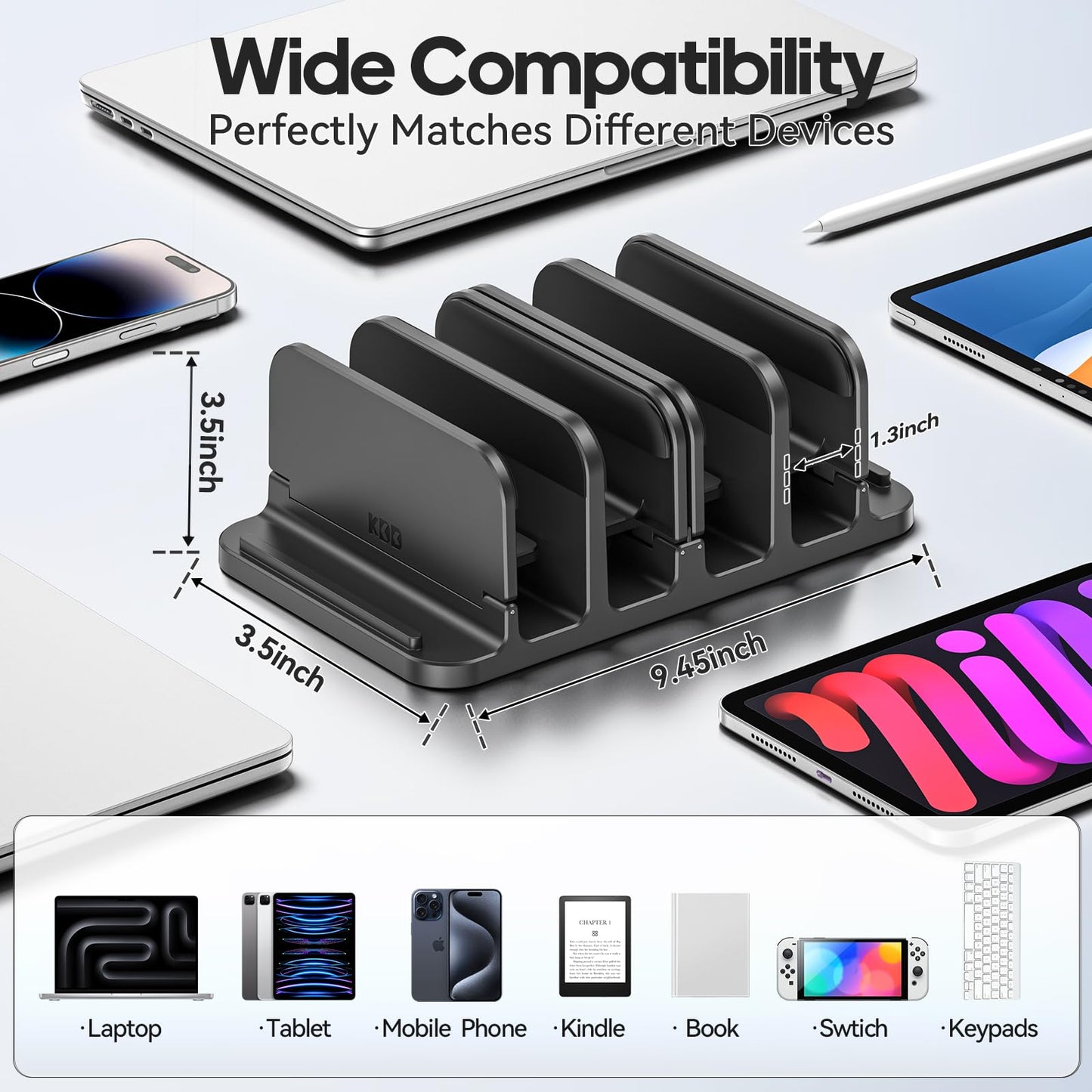 KDD Vertical Laptop Stand with 4 Slot,6-in-1 Laptop Holder Desktop Stand with Gravity Locking,Space-Saving Organizer for MacBook/Microsoft