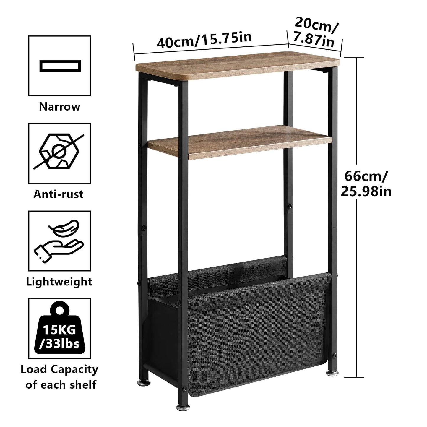 Aibiju Narrow Side Table, Slim Small Table 40x20x66cm, 3 Tier End Table with Storage Fabric Basket, Small Nightstand for Bedroom, Living Room
