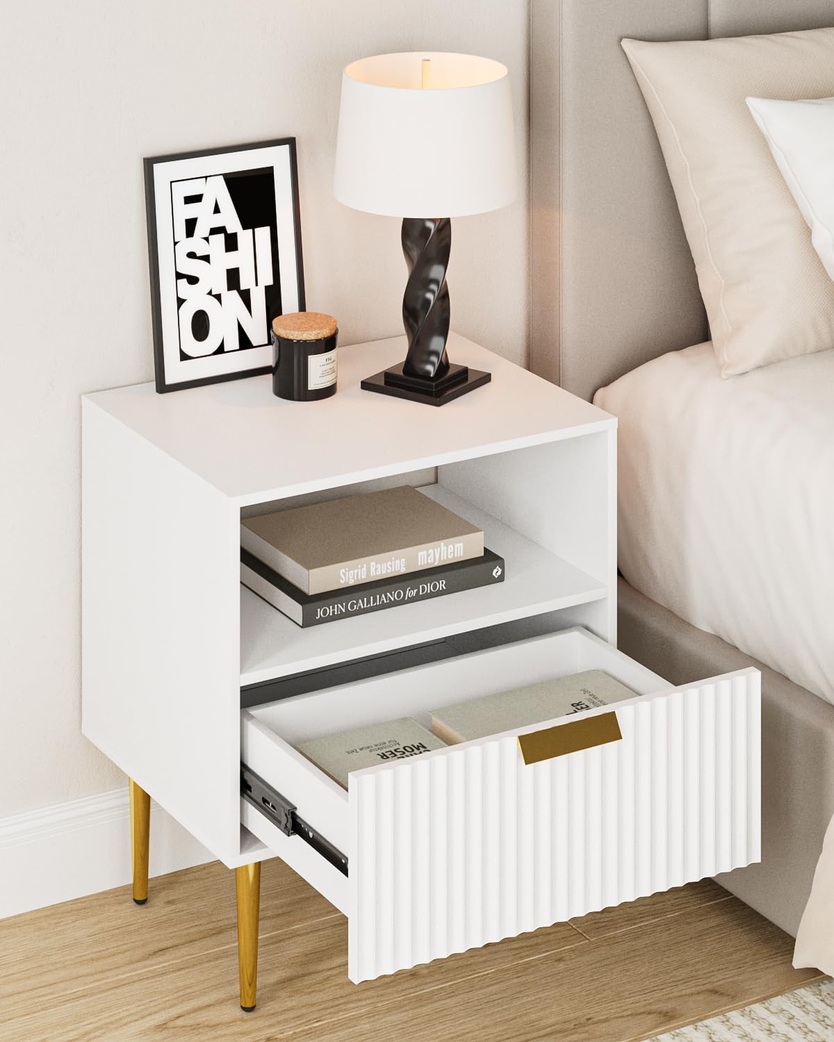 Apetaccat White Bedside Table, Nightstand with 1 Drawers with Gold Leg, Modern Bedside Table Bedroom Furniture for Living Room or Bedroom, White