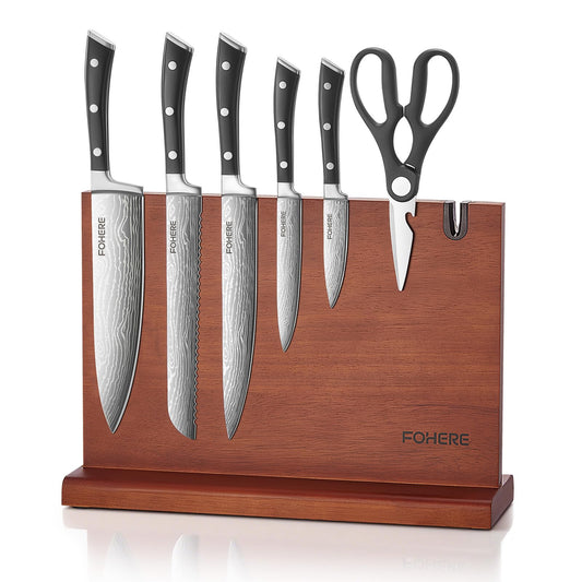 FOHERE Kitchen Knife Set with Magnetic Knife Holder and Sharpener, 7 Pieces Ultra Sharp Chef Knife Set with Ergonomic Handle, Waved Pattern High