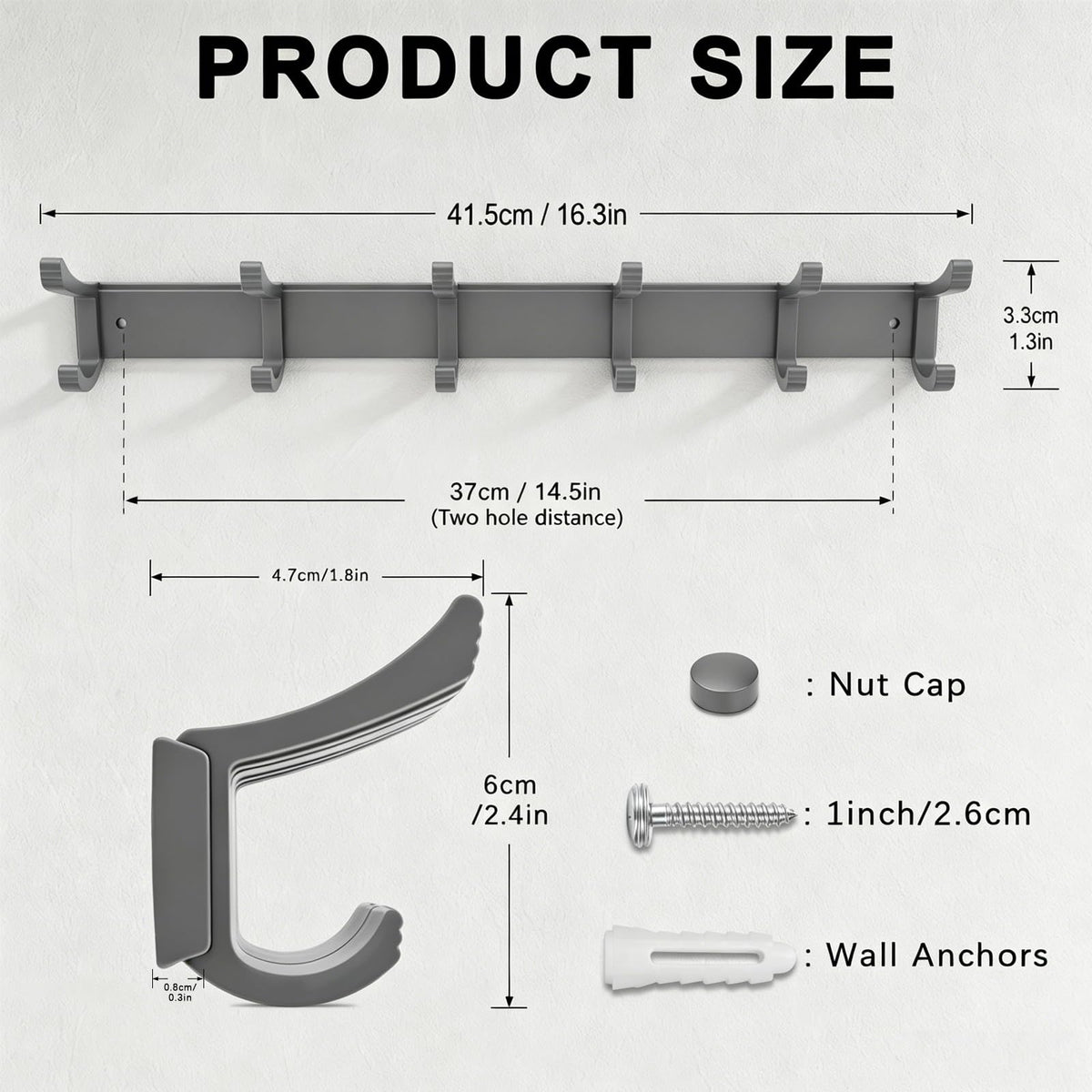 NONETO 2 Pack Coat Hooks Wall Mounted with 6 Movable Coat Rack Grey