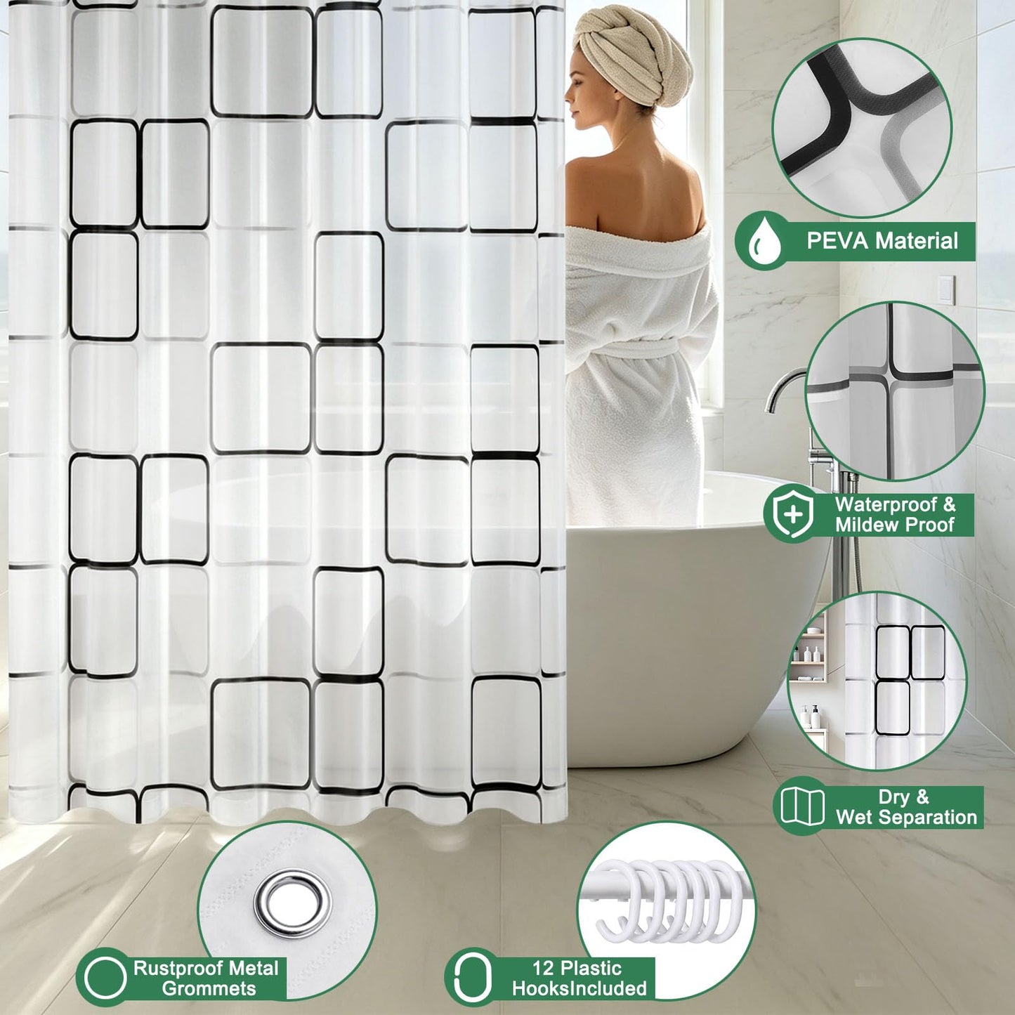 Vllcsla Shower Curtains Mould Proof Resistant 180 200 220 240 cm, 180x240 cm, Extra Long Bathtub Curtains 240 Drop Black and White