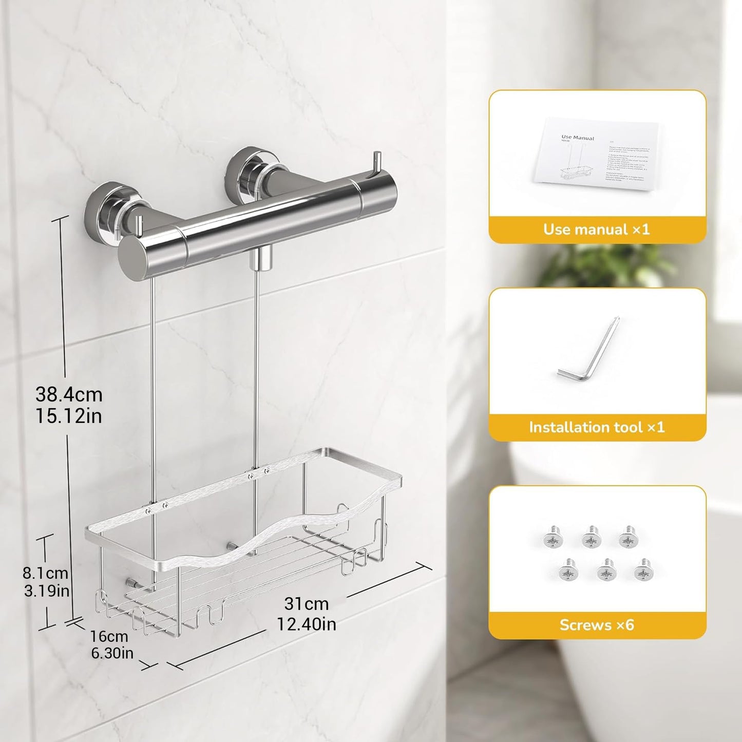 ALOCEO Shower Caddy Hanging No Drilling, Silver Shower Shelf, Shower Storage 304 Stainless Steel Suitable for Use in the Bathroom