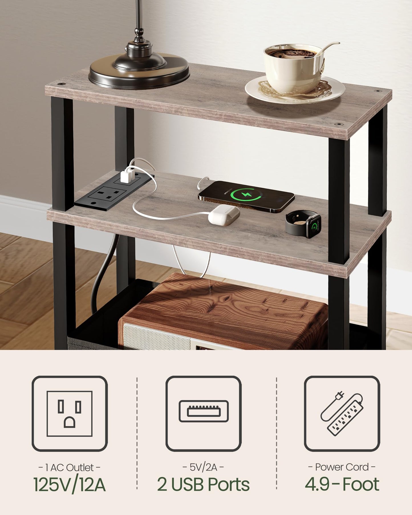 CHOEZON Slim Side Table with Charging Station, 3-Tier Narrow Side Table with Drawer, Skinny Bedside Table, End Table for Small Spaces, for Bedroom