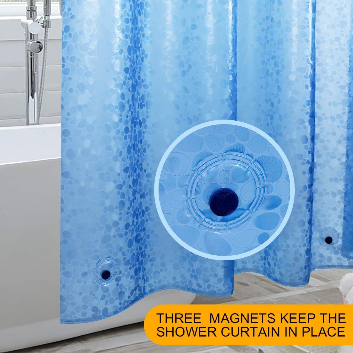 WELTRXE Shower Curtains, Mould Proof Mildew Resistant, Waterproof Shower Curtain Liner, 3D Effect Blue Pebble EVA Bath Curtain with Magnets