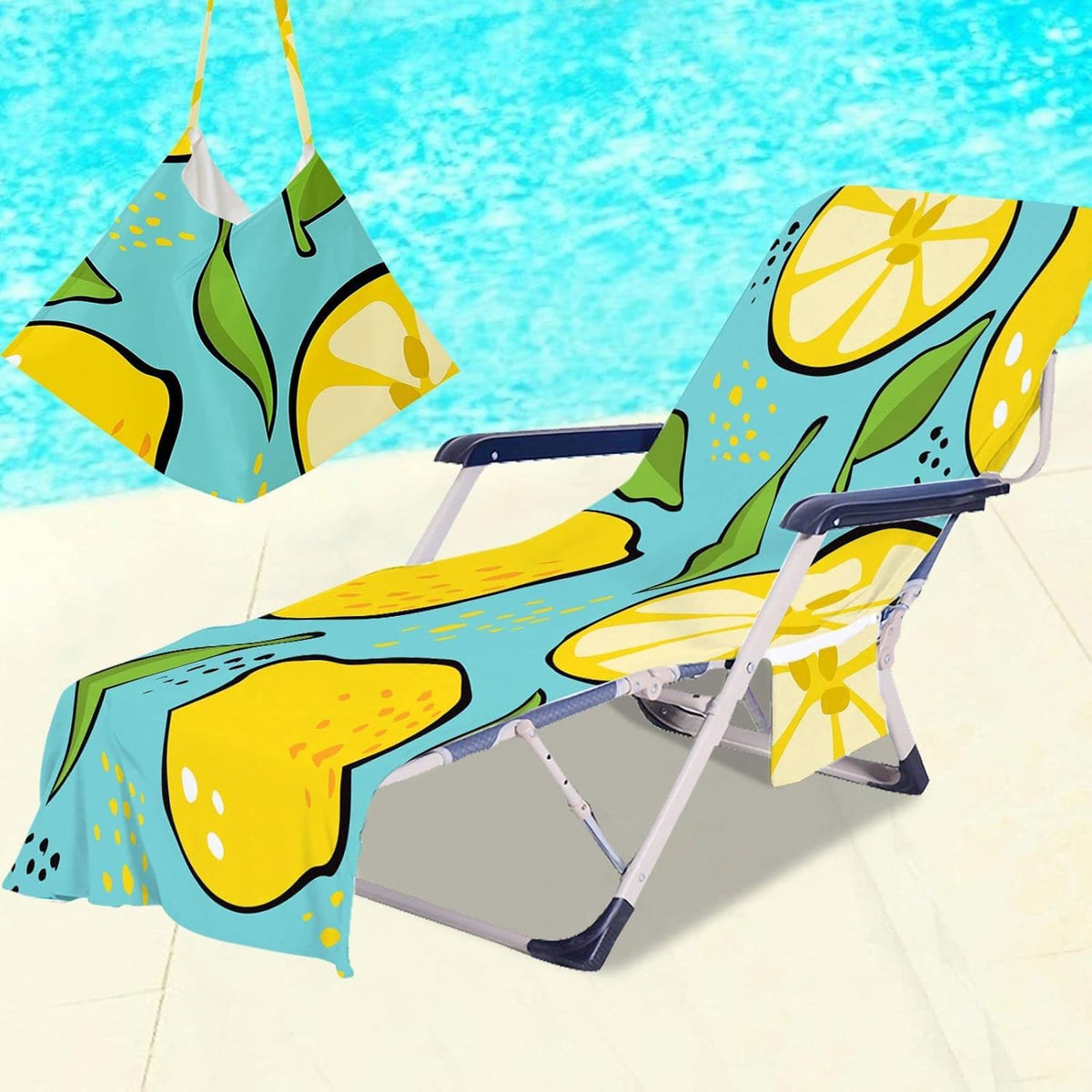 Surwin Sun Lounger Towel with Pockets, 3D Juice Print Quick Dry Beach Towel, Microfiber Sunbed Towels Travel Lounger Bag for Loungers Summer Holiday