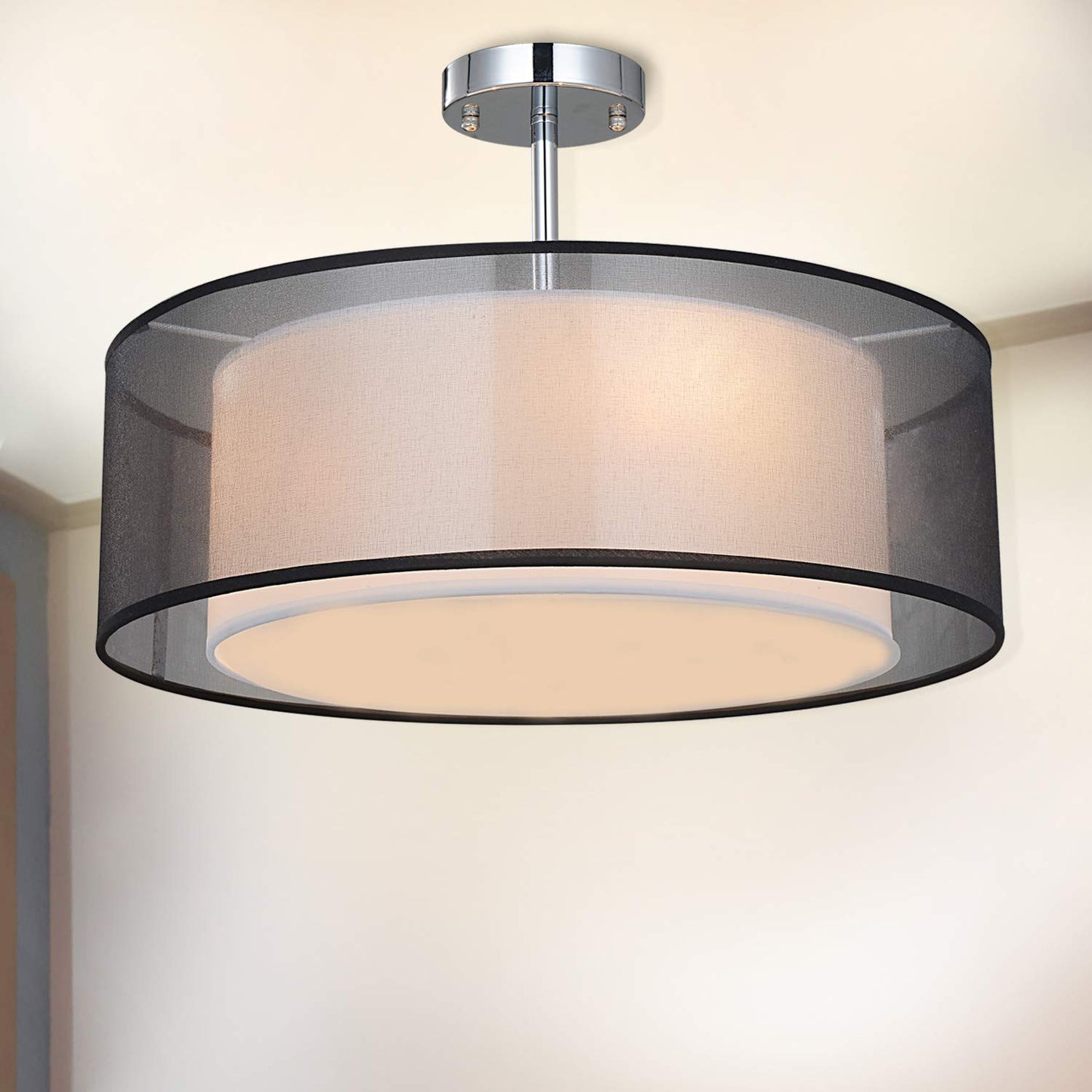 SPARKSOR Ceiling Light, Modern Fabric Pendant Light Shade, Large Black Drum Lampshade, 2 Tiers Round Pendant Lamp, for Bedroom Living Room, Flush