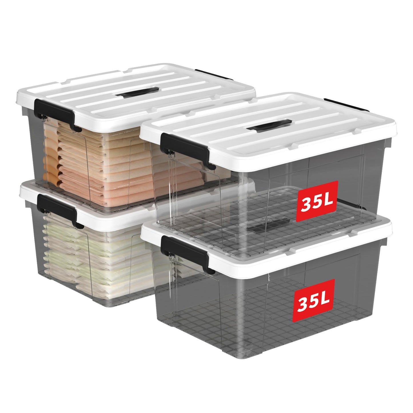 Cetomo 35L*4 Storage Boxes, Carry Plastic Storage Box with Lids, Organizing Container with Handle and Secure Latching Buckles, Stackable, Nestable