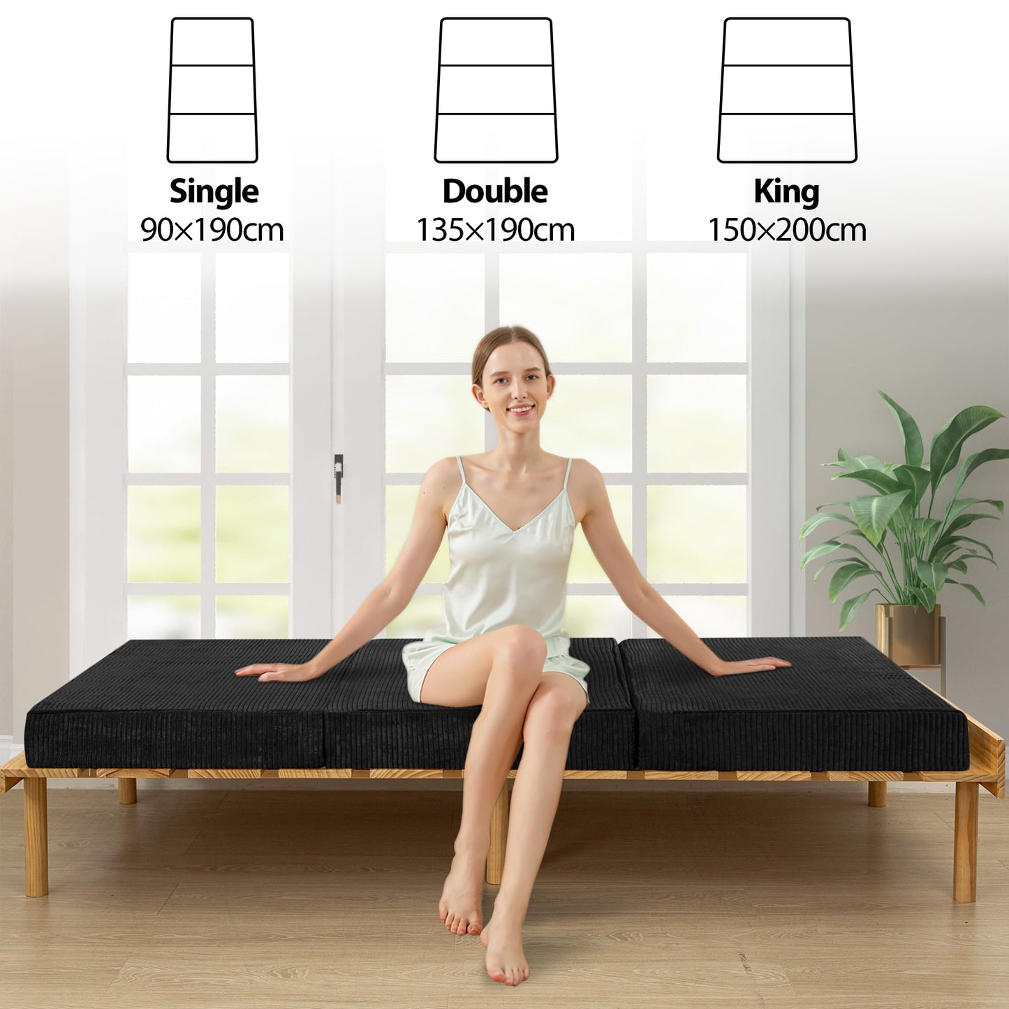 MAXYOYO Folding Corduroy Mattress, Tri Fold Floor Mattress 15cm thick with Washable Cover,Foldable in Three,Space-Saving for Guest (Black, Single)
