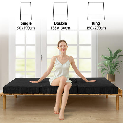 MAXYOYO Folding Corduroy Mattress, Tri Fold Floor Mattress 15cm thick with Washable Cover,Foldable in Three,Space-Saving for Guest Black, Single