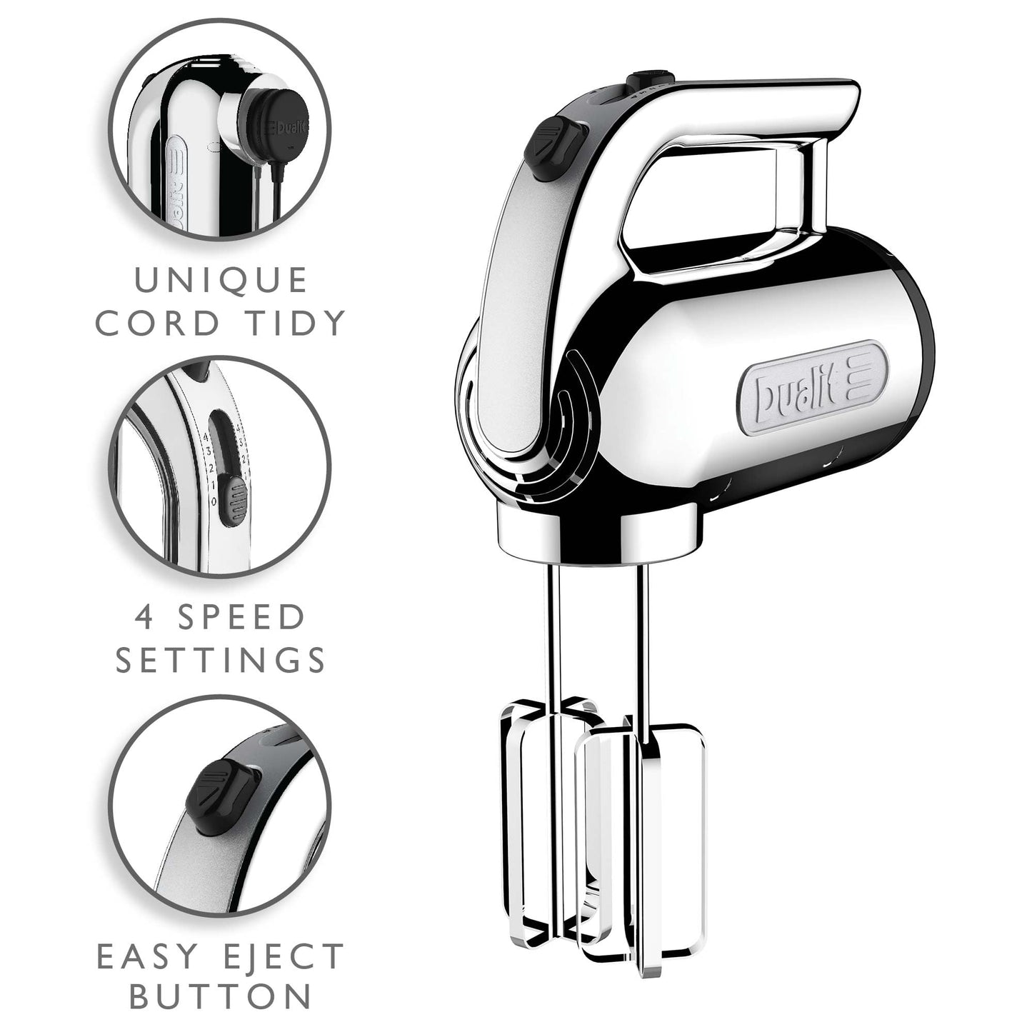 Dualit Hand Mixer Chrome - 400W - Strong Grip Handle - Attachments Included - Integral Plug Storage - 4 Speed Settings - Repairable gears - Flat