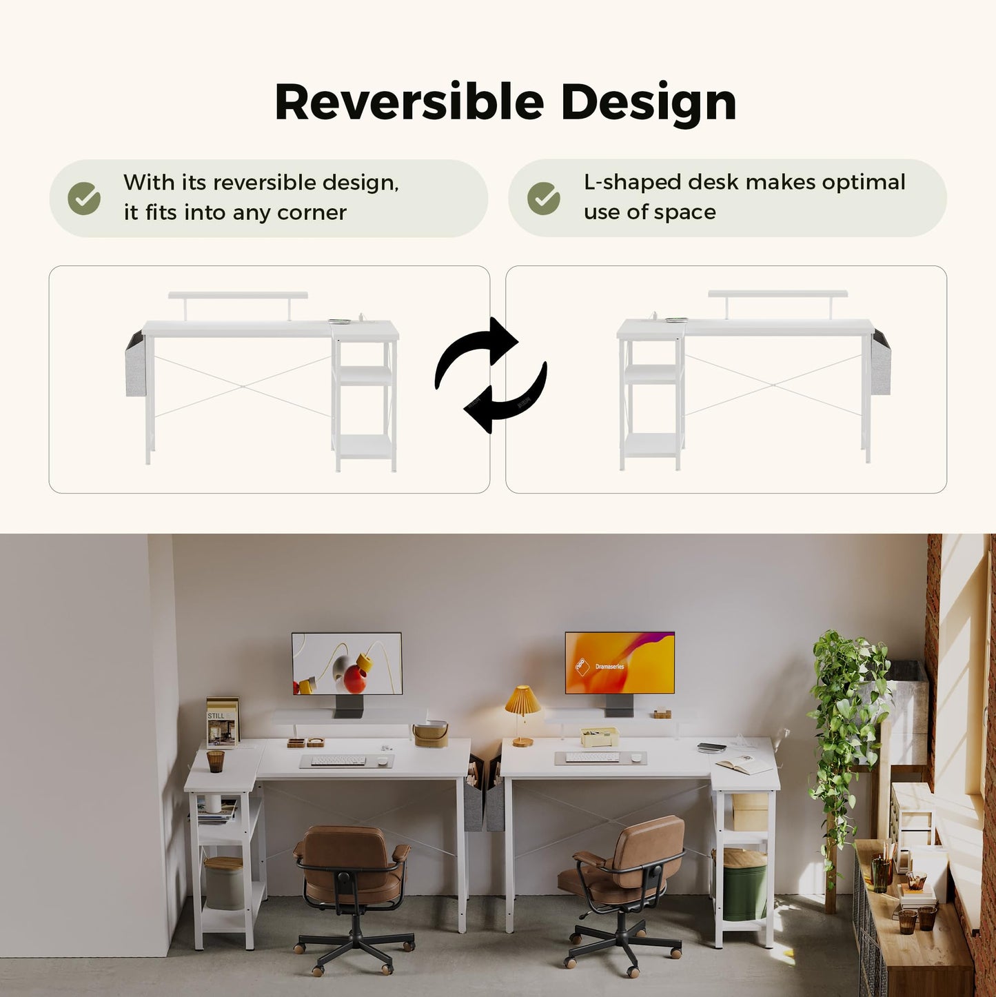 Mericonia Corner Desk, w. Monitorstand & Built-in Socket, 140x70cm, White