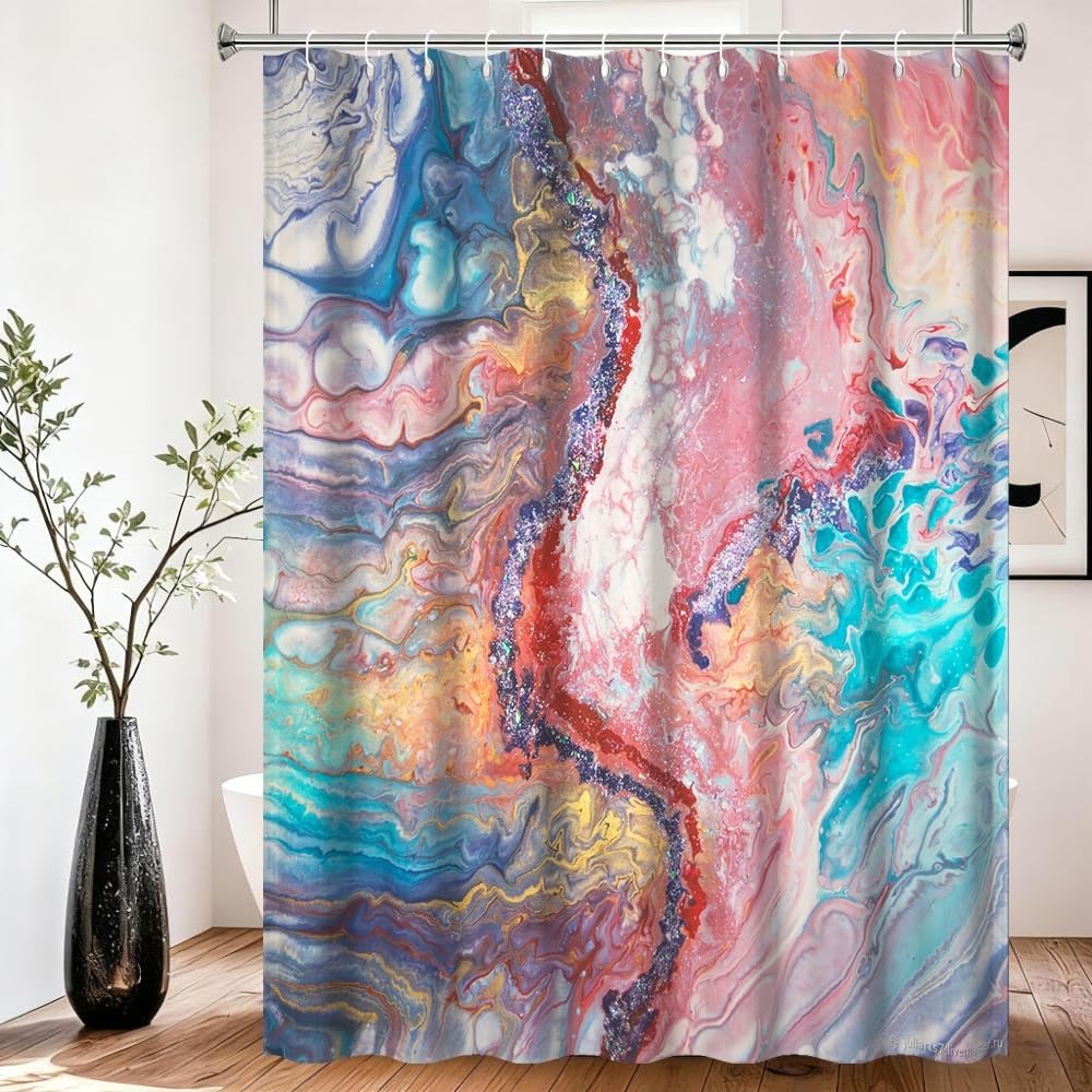 Xiaoterna Marble Shower Curtain Modern Luxury Colorful Gradient Marble Waterproof Bathroom Curtain Abstract Art Gilding Wave Textured Washable Mildew