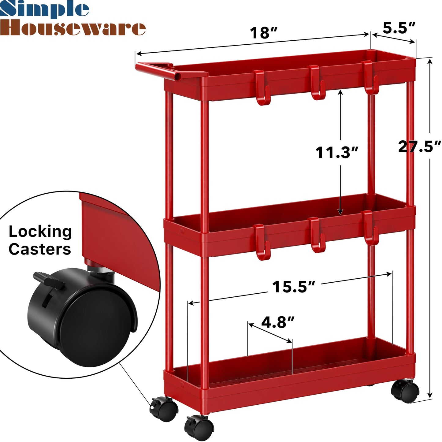 SimpleHouseware Kitchen Cart Storage 3-Tier Slim/Super Narrow Shelves with Handle, 26.5'' Height/5.5'' Width for Narrow Place, Red