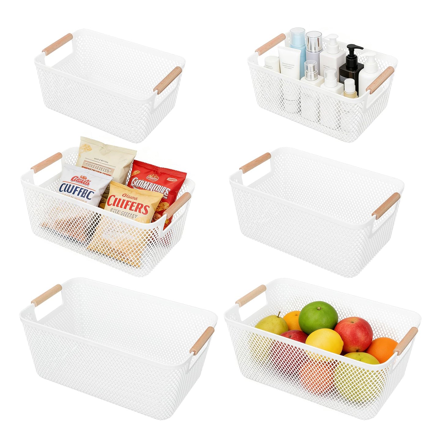 6PCS Plastic Storage Baskets, White Bathroom Storage Boxes with Wood Handle