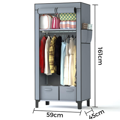 YasTant Canvas Wardrobe for Bedroom Fabric Wardrobe Closet with 2 Hanging Rails,2 Drawers, Portable Temporary Stable Base 161 * 59 * 45cm