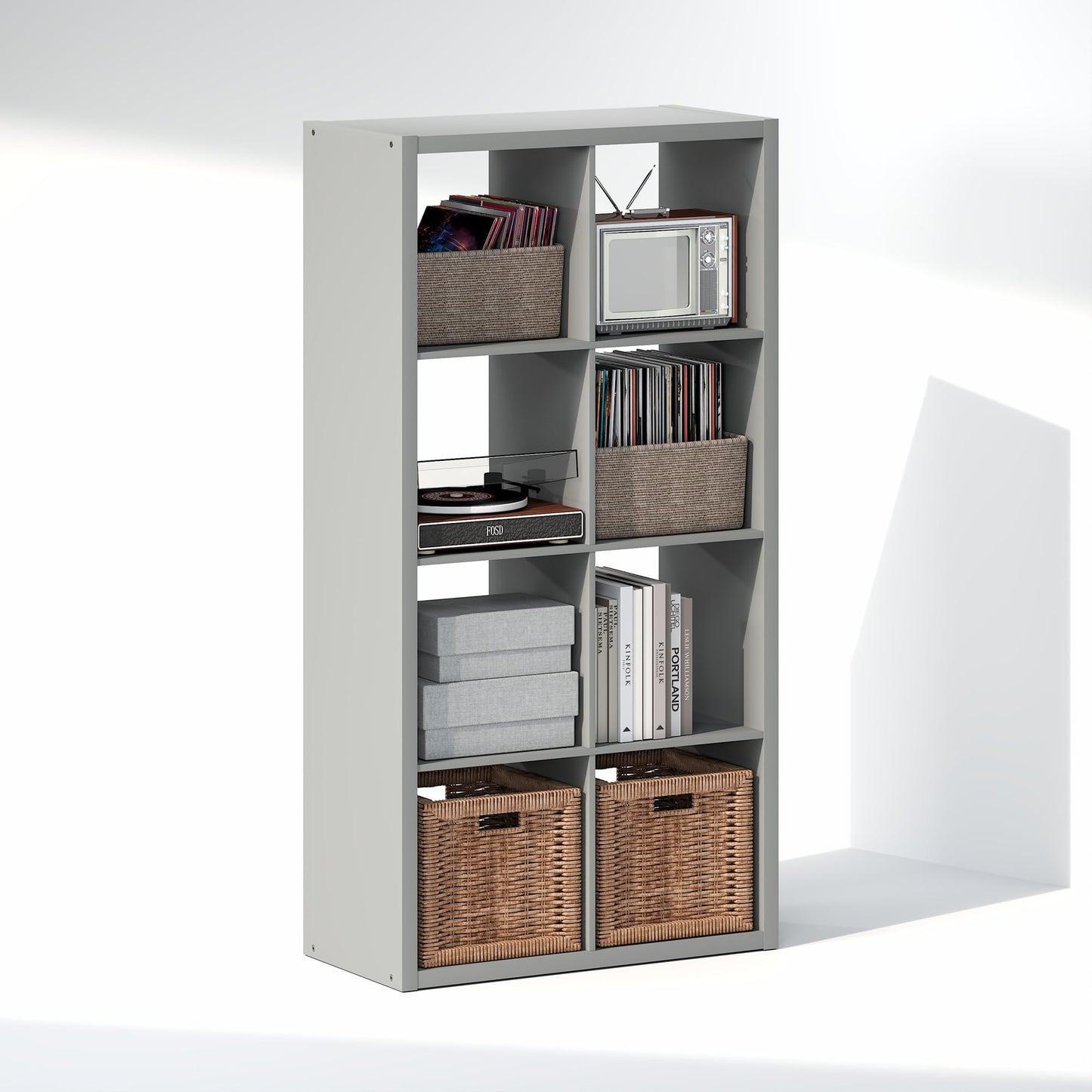 Furinno CUBICLE Record Player Stand with Vinyl Storage, 8-Cube 3cm Extra Thick Vinyl Record Storage