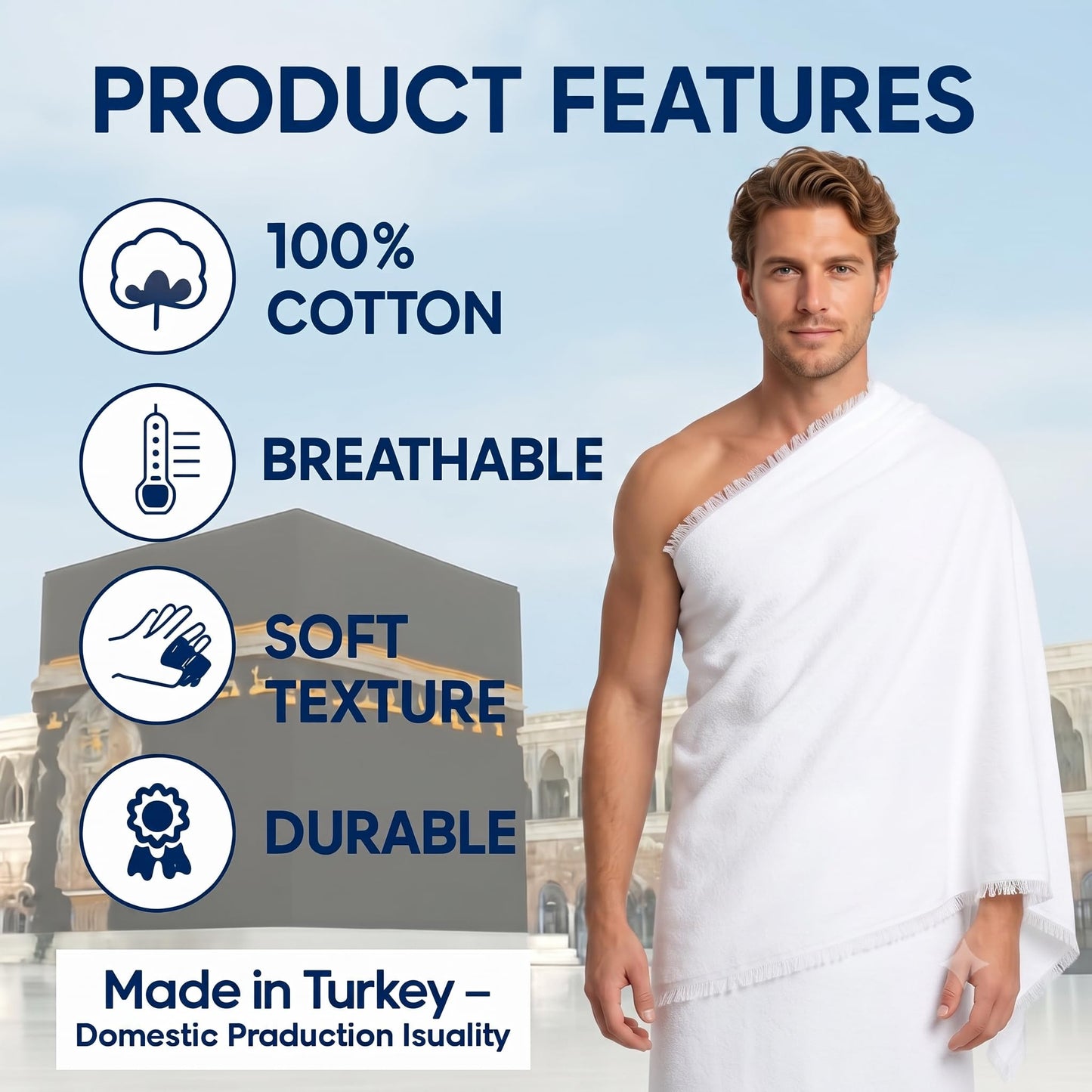 Ihram Ehram Ahram for Men for Hajj and Umrah Sanitary Towels 100% Natural Cotton 110 x 220 cm