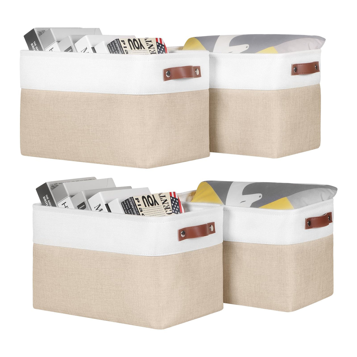 Syeeiex Fabric Storage Basket 4-Pack, Large Baskets with Leather Handles, Storage Boxes for Shelves, Foldable Baskets for Organizing Toys, Clothes