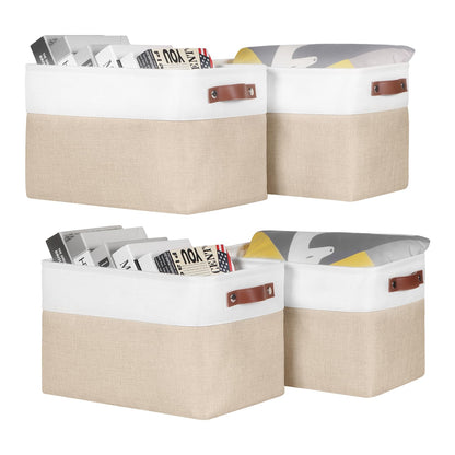 Syeeiex Fabric Storage Basket 4-Pack, Large Baskets with Leather Handles, Storage Boxes for Shelves, Foldable Baskets for Organizing Toys, Clothes