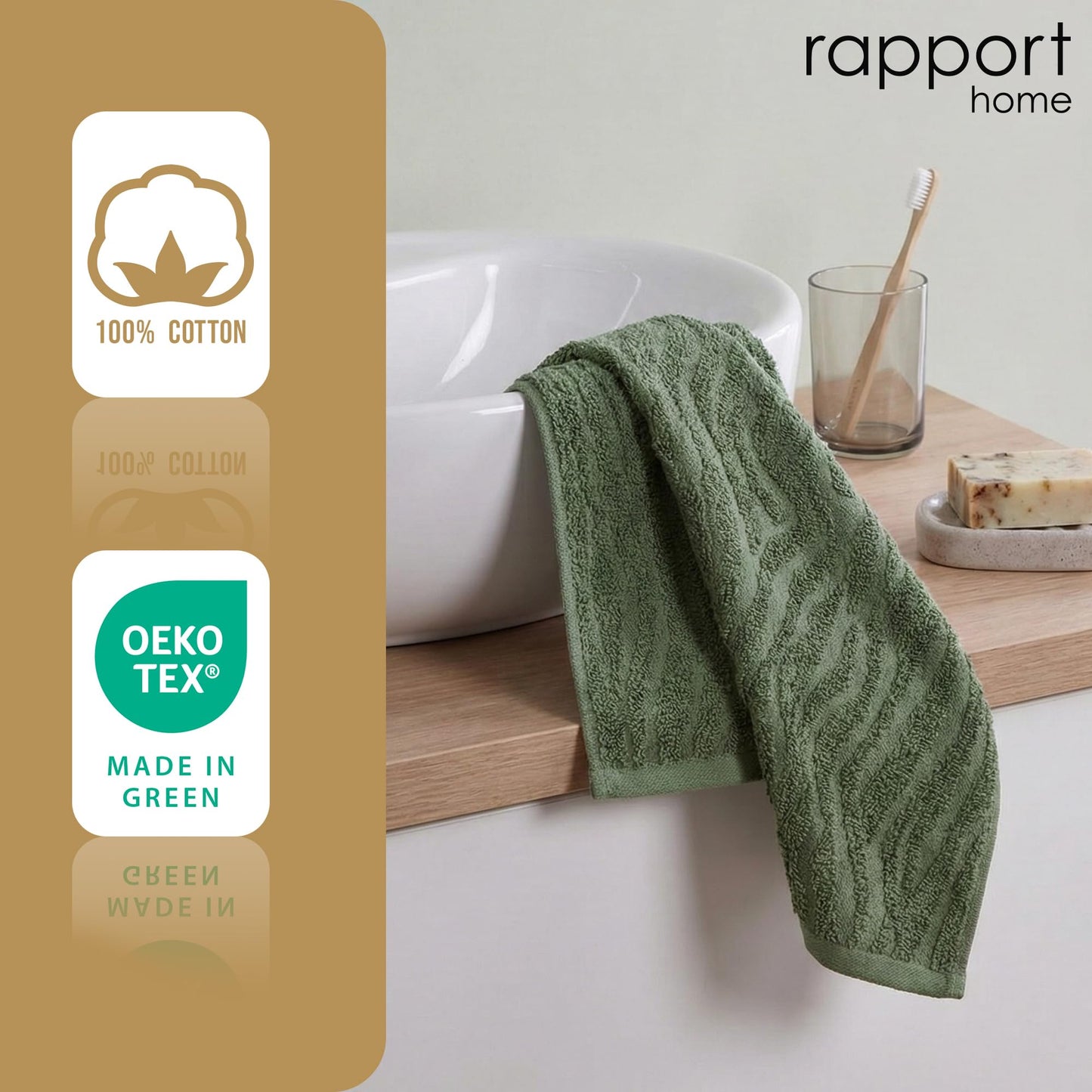 Rapport Home 2-Pack Safari Hand Towels | Forest Green | 50x85cm 100% Cotton 500GSM | Absorbent & Soft Bathroom Towel Set | Oeko-Tex Certified
