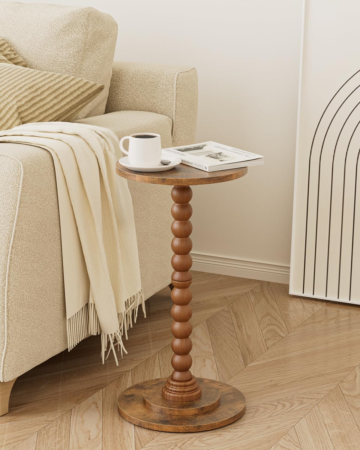 Apetaccat Round Side Table, Drink End Table with Solid Wood Leg, Small Side Tables for Living Room, Bedroom, Study, Walnut