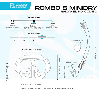CRESSI Rombo + Mini Dry Combo Azure Clear/Azure - Junior Combo Set, Mask Rombo and Mini Dry Snorkel, Transparent/Azure, One Size