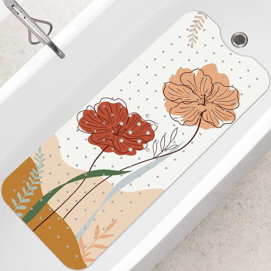 SHUCHING Boho Flowers Bath Mat Non Slip Anti Mould, 100 X 40 cm Extra Long Bathtub Mat Anti Slip, Shower Mat Non Slip Anti Mould for Bathroom Machine