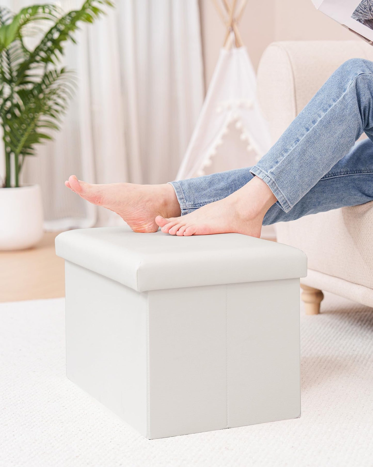 Bonlife Cream Ottoman Storage Box - Folding Foot Stool with Lid, Comfortable Storage Ottoman for Home,42x32x32 cm