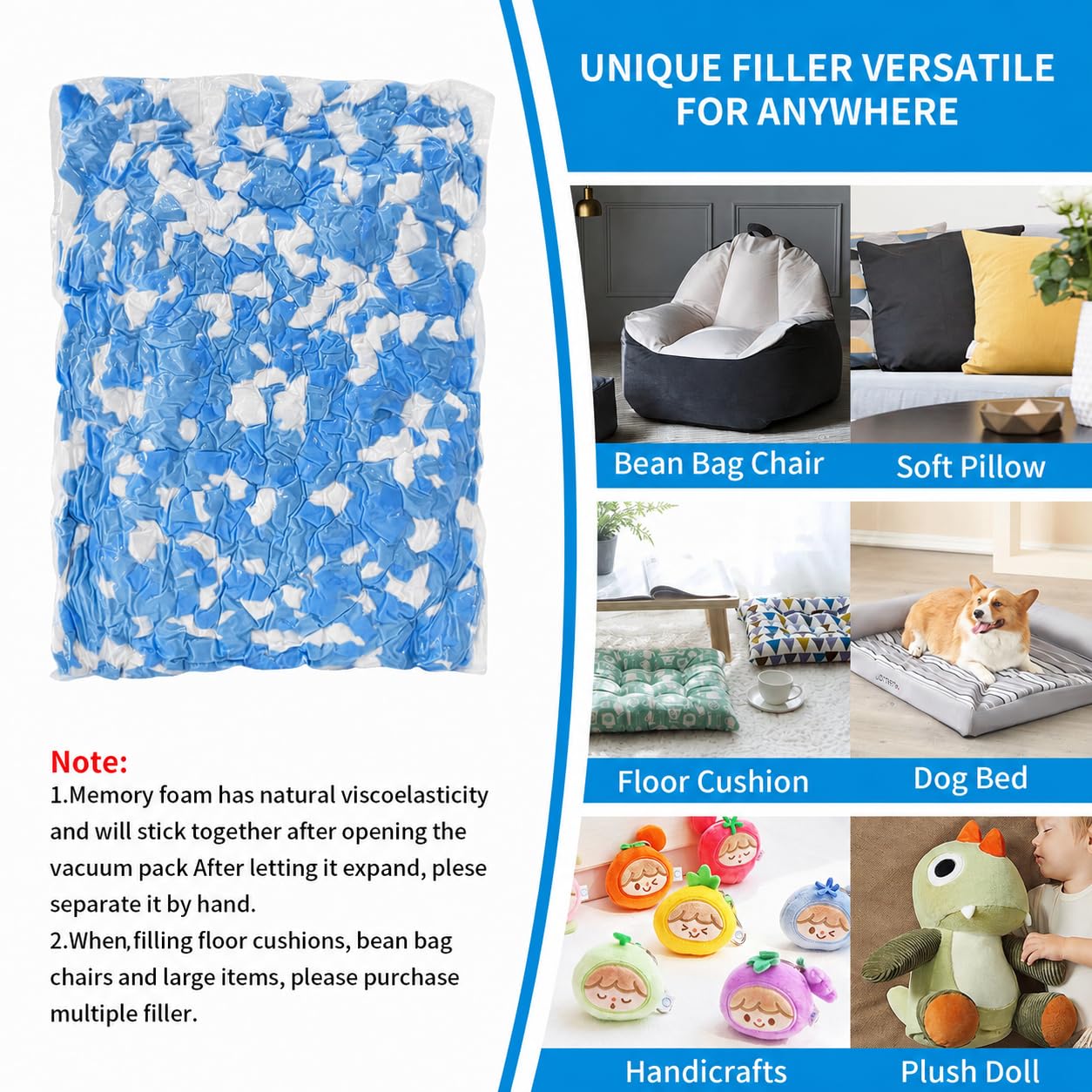 Welacer Blue White Shredded Memory Foam 2.2KG, Bean Bag Chair Refill
