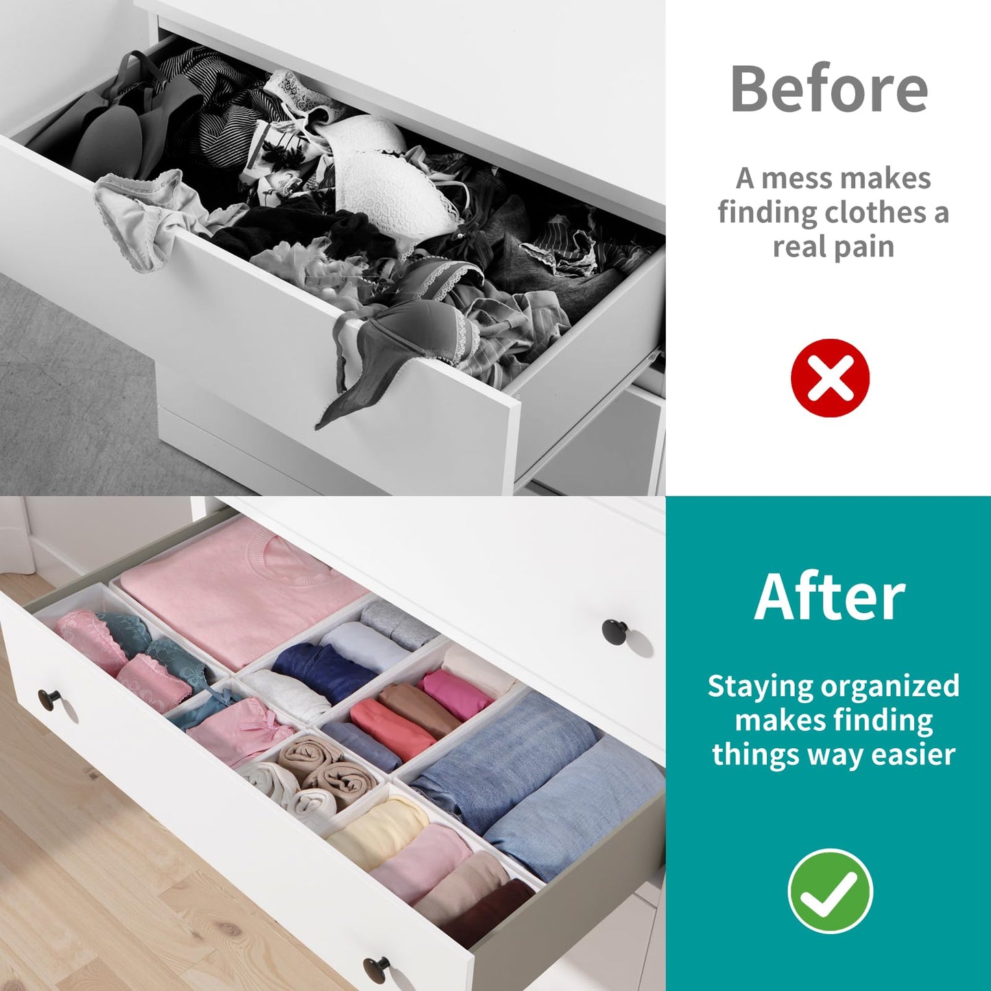 ORLISA 16 Pack Drawer Organiser Set for Hemnes Dressers, Fabric Drawer Dividers & Wardrobe Organisers for Clothes Storage, Underwear