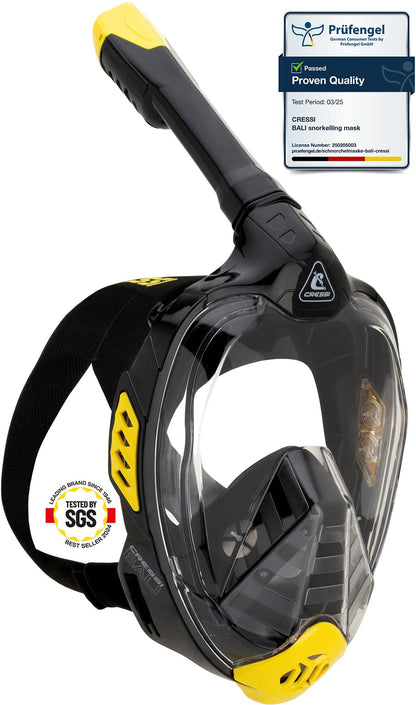 CRESSI Bali Full Face Mask Black/Yellow L/XL - Unisex Integral Snorkel Mask, Anti Fog Clear Lens, 100% Silicone, Dry Snorkel with Float Valve, Action