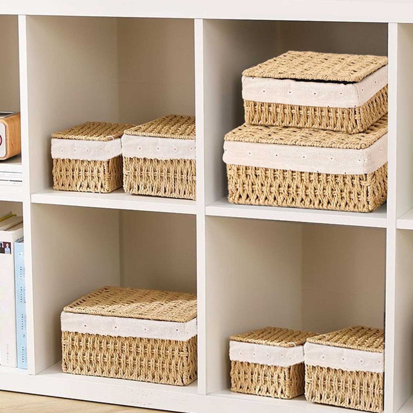 ZHYOPING Set of 3 Storage Baskets with Lids – Natural Paper Rope Storage Basket, 3 Sizes Woven Hamper Basket with Lining for Toys, Bathroom