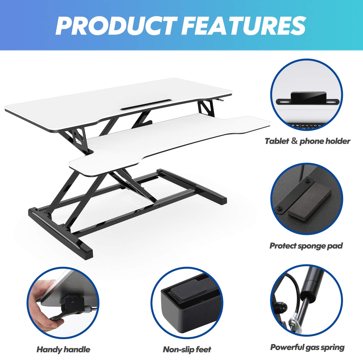 FITUEYES Standing Desk Converter 91.5x40 cm Height Adjustable Sit Stand Desk with Large Keyboard Tray and Phone Holder for Computer Laptop Dual