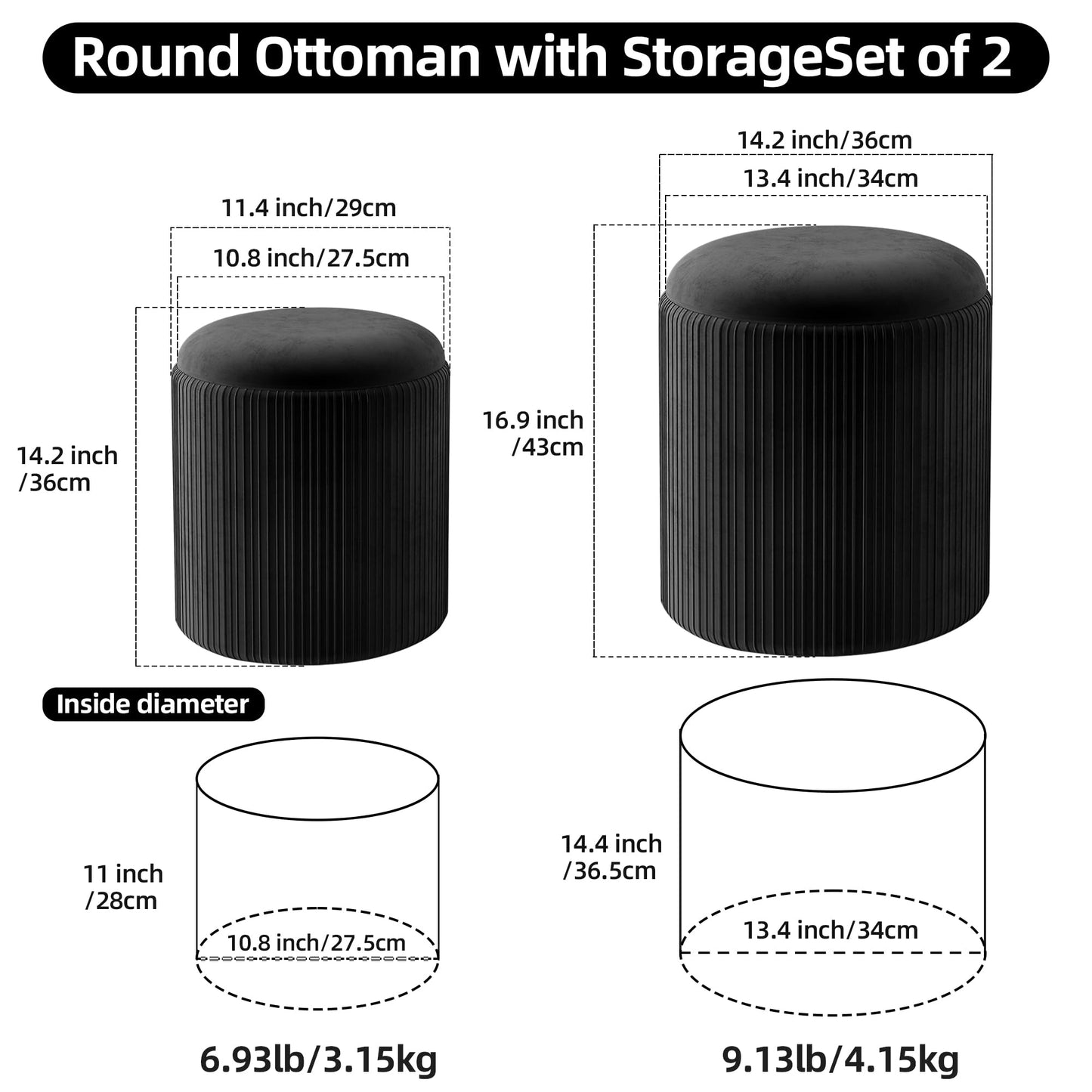 Caroeas Round Storage Ottoman Stools, Velvet Vanity Foot Stools with 300lbs
