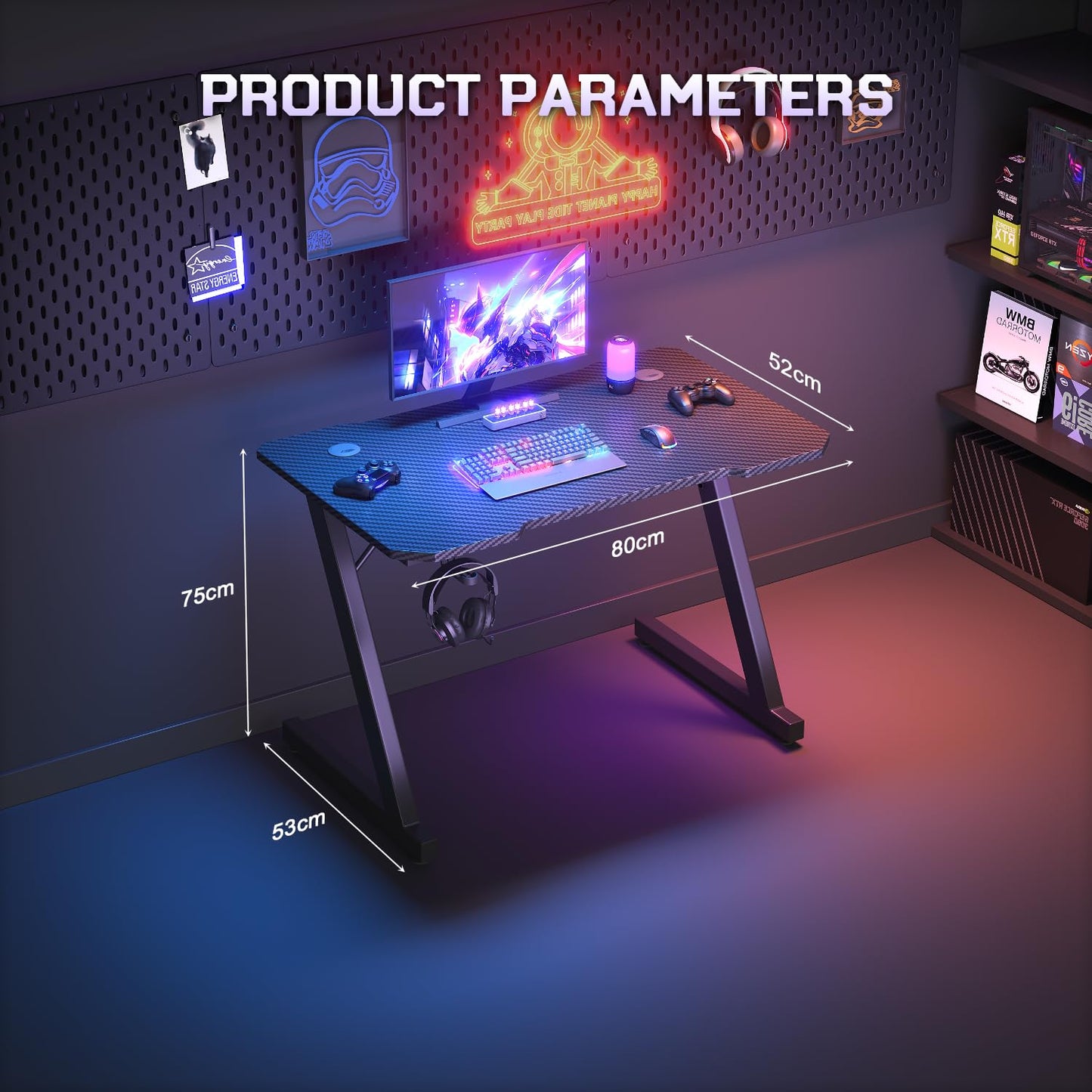 JUMMICO Gaming Desk 80 x 50 cm, Gaming Table Computer Desk Z Shaped PC Gamer Desk for Home Office, Gaming Desk with Headphone Hook, Black