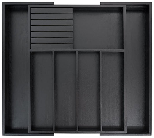 VaeFae Bamboo Silverware Drawer Organizer Kitchen, Expandable Utensil Holder and Cutlery Tray with Divider | 13"-21.6" Flatware Storage (Black)