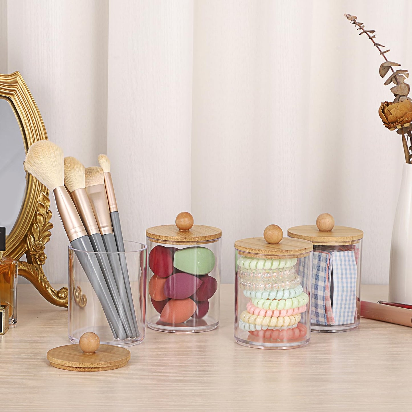 SUMTree 4 Pcs Apothecary Jars Cotton Ball & Swabs Holder with Lids, Clear