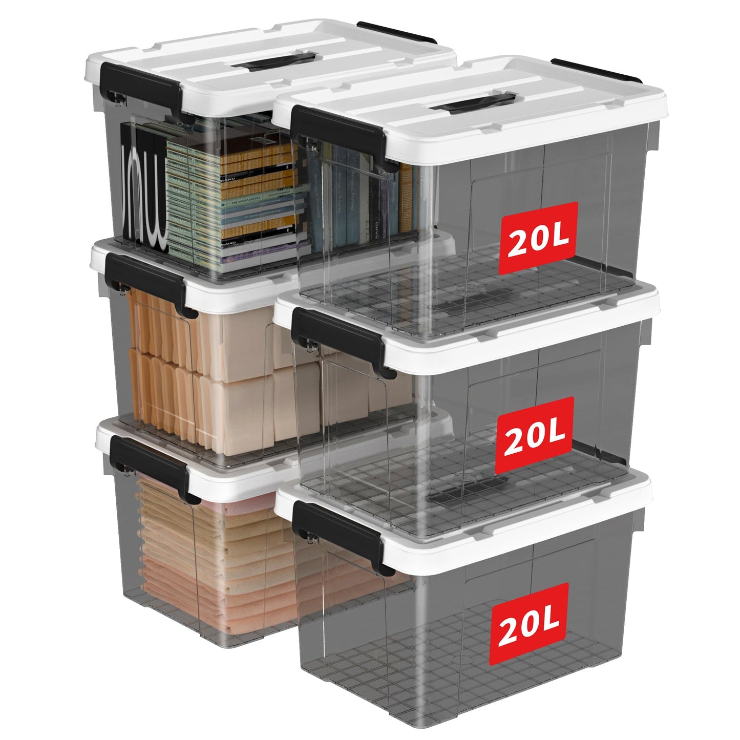 Cetomo 20L*6 Storage Boxes, Carry Plastic Storage Box with Lids, Organizing Container with Handle and Secure Latching Buckles, Stackable, Nestable