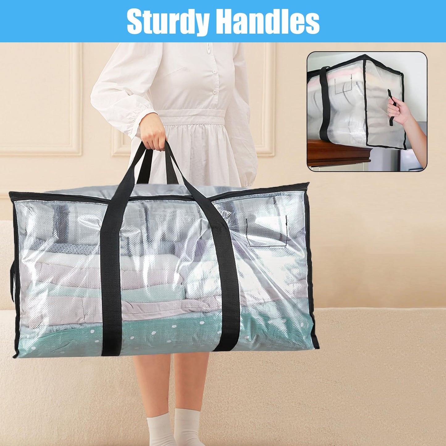 KXF 2 Packs 90L Waterproof Transparent Storage Bag with Drawstring Bag Wardrobe Organiser Foldable Duvet Storage Box with Lid Clothes Storage Moving