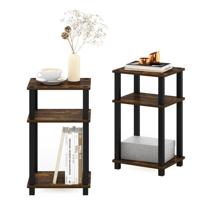 Furinno JUST Side Table Set of 2, 3-Tier Open Shelf End Table, Toolless Assembly Night Stand, Bedside Table with Square Tube, for Living Room